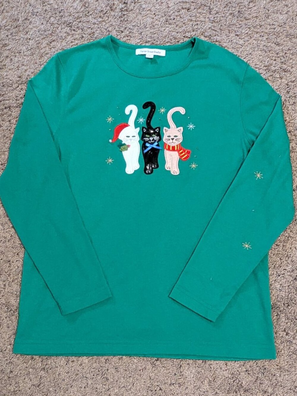 Mercer Street Studio Cat Christmas Long Sleeve Green Medium Y2K